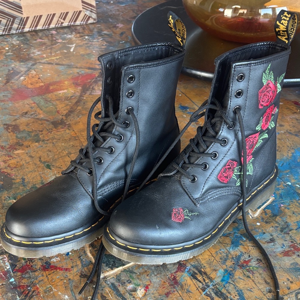 Dr. Martens Black Lace Up Boots with Red Rose Embroidery